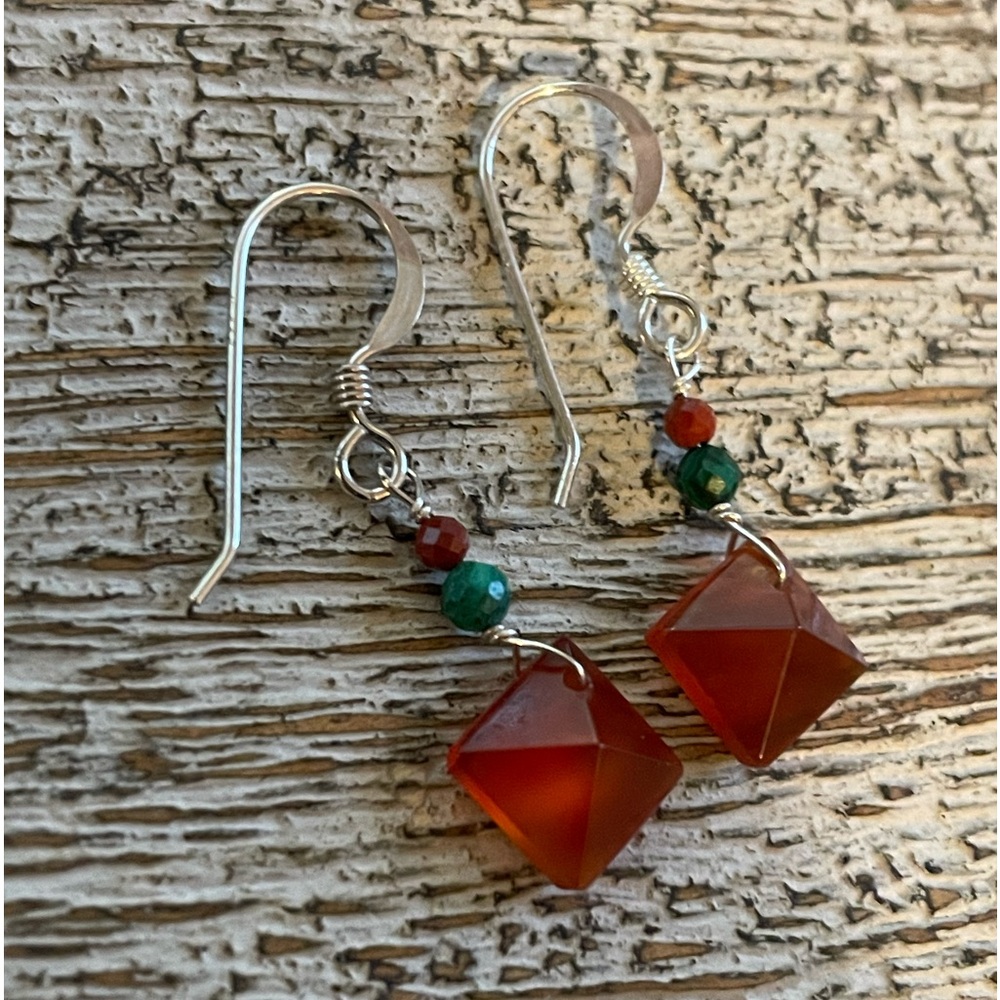 Carnelian pyramid briolette gemstone earrings. malachite & jasper accent. S.S.